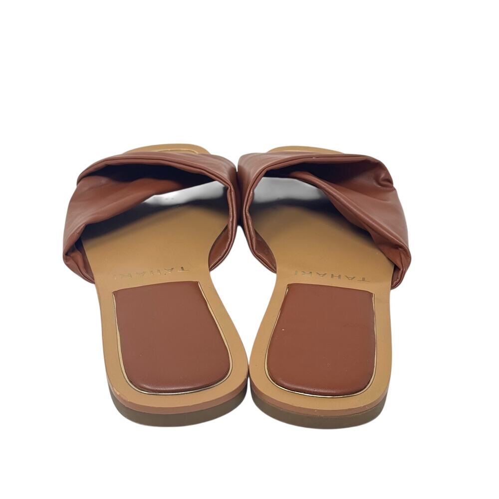 Tahari Sabana Cognac Brown Faux Leather Criss Cross Slide Sandals Padded Size 10 - Picture 4 of 8